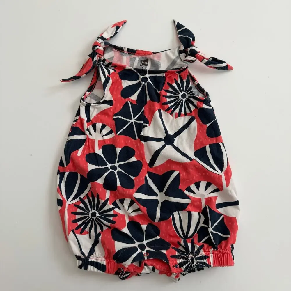 Tea Collection floral print shoulder tie bubble romper coral pink navy blue